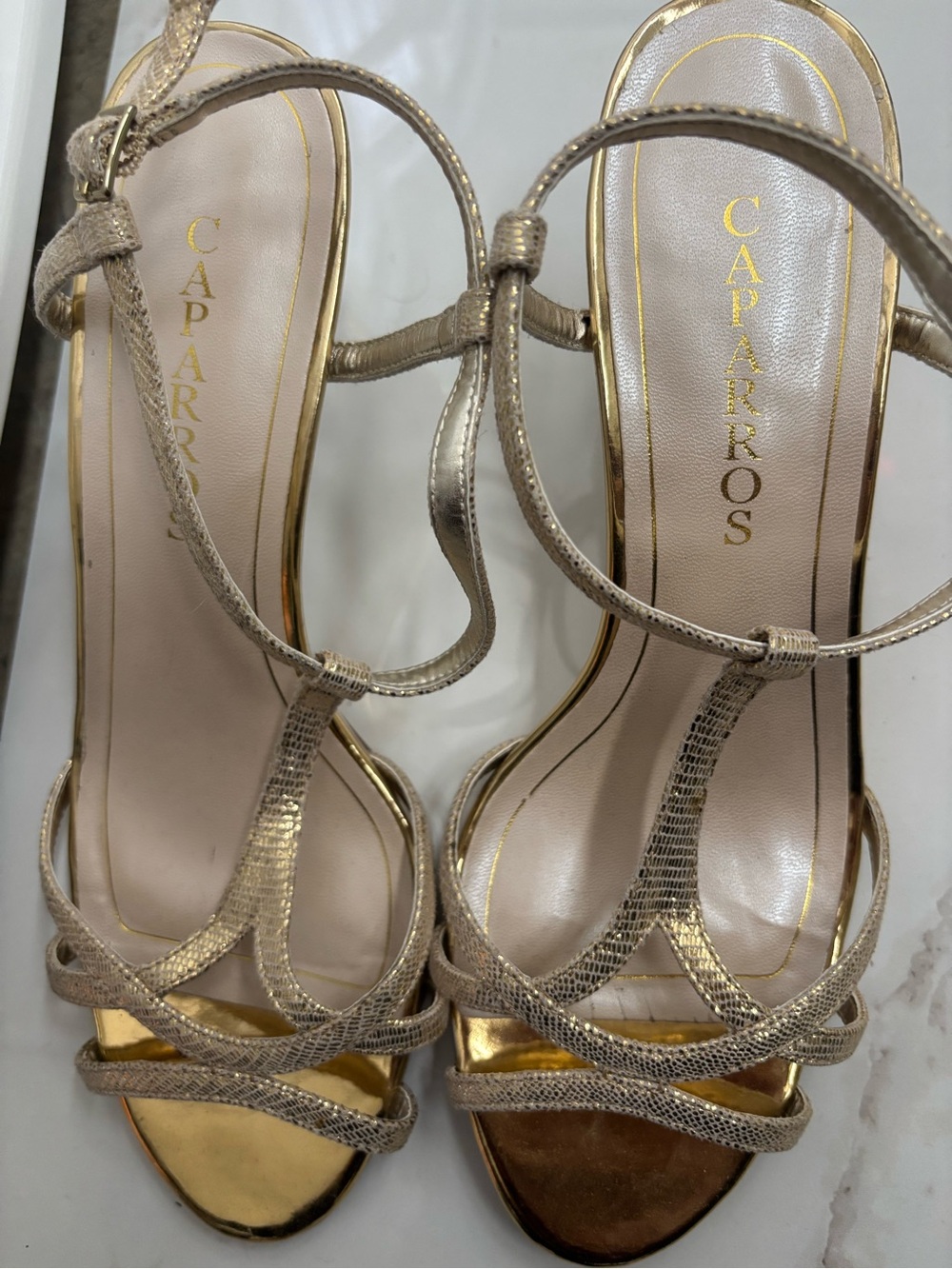 Caparros Metallic Gold T-Strap Evening Heels
